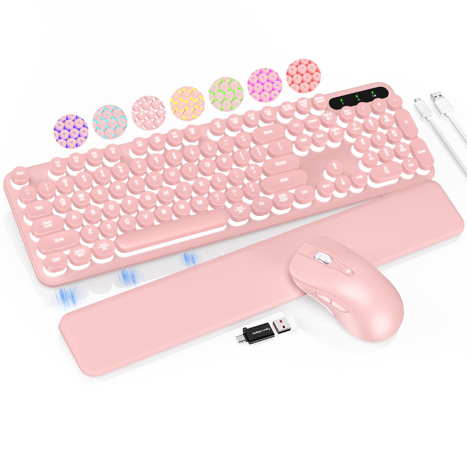 Photo 1 of Wireless Keyboard and Mouse Backlit - Typewriter Keyboard with Retro Round Keycaps, Detachable Wrist Rest, Light Up Letters, 2.4G Rechargeable Combo for Mac, Windows, PC, Laptop, Trueque (Pink)