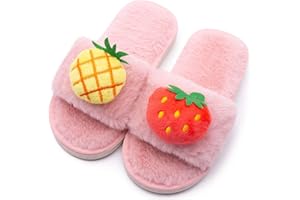 techcity Boys Girls Fuzzy House Slippers Cute Comfy Faux Fur Slip On Fluffy Plush Open Toe Home Slides for Kids Indoor Outdoor Warm Shoes
