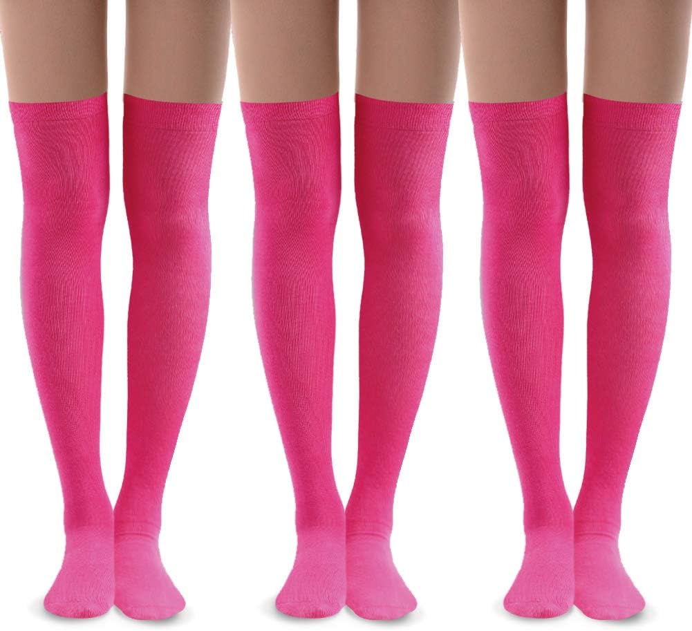 MEIKANPink Over Knee High Socks for Women, Thigh High Cosplay Women's Girls' Knee Soft Socks Breast Cancer Awareness Pink Socks 3 Pairs (Pink)