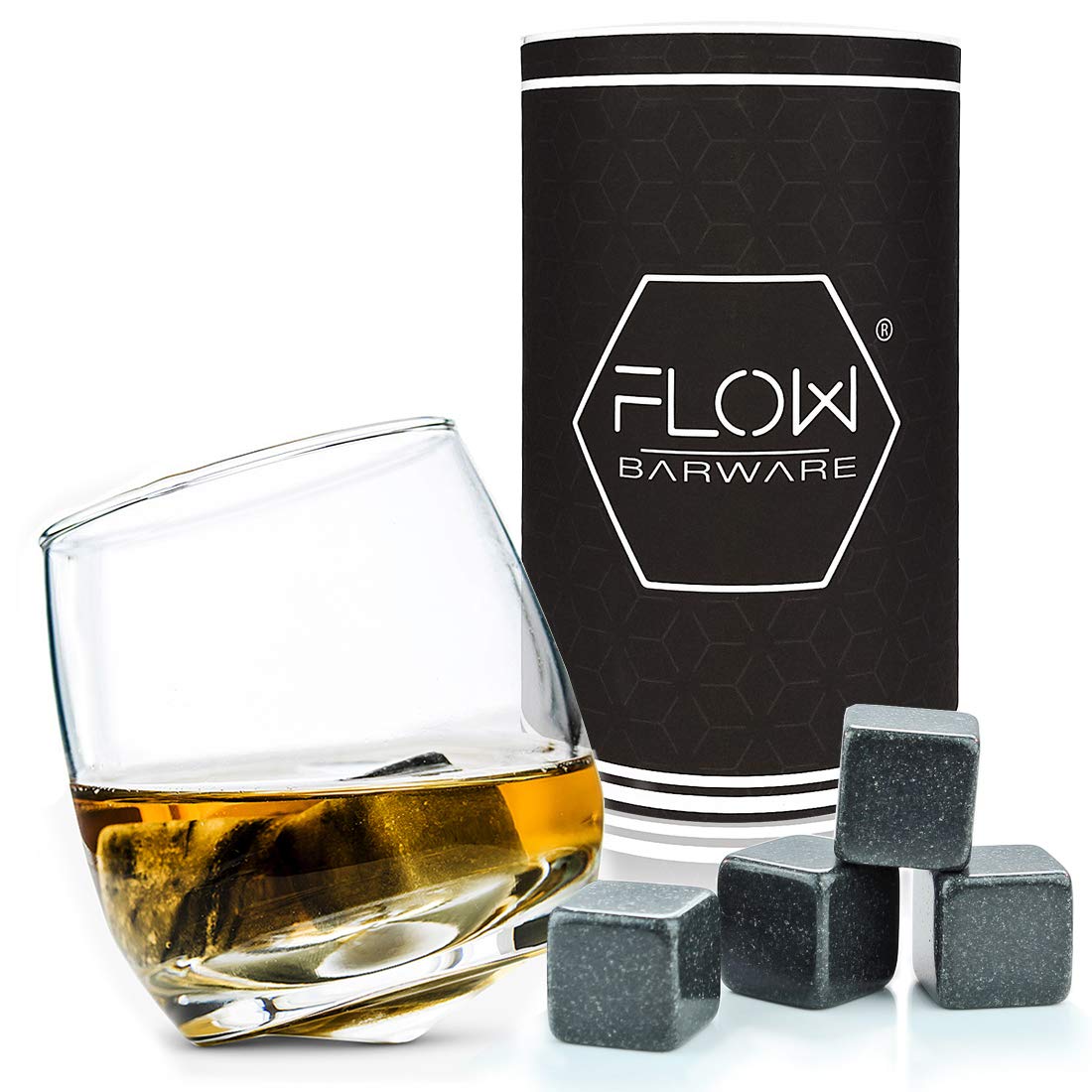 FLOW Barware Rocking Whiskey Glass Set | Cool Whisky Gift Set with Whiskey Stones | Whisky Glass Gifts for Men, Includes Wobbly, Spinning Tumbler & Granite Ice Cubes | Birthday, Father's Day Gift