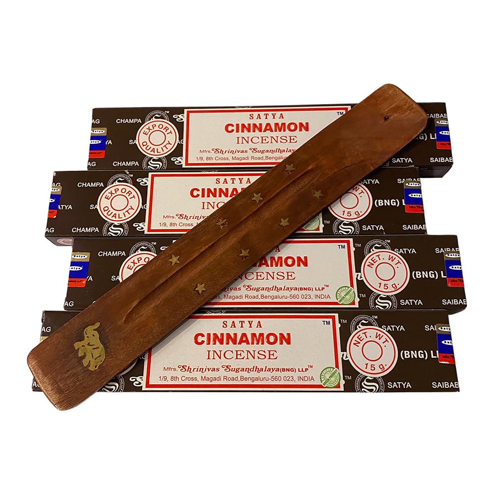 VIE Satya Incense Sticks, 4 Packs x 15g, with Incense Holder, Cinnamon