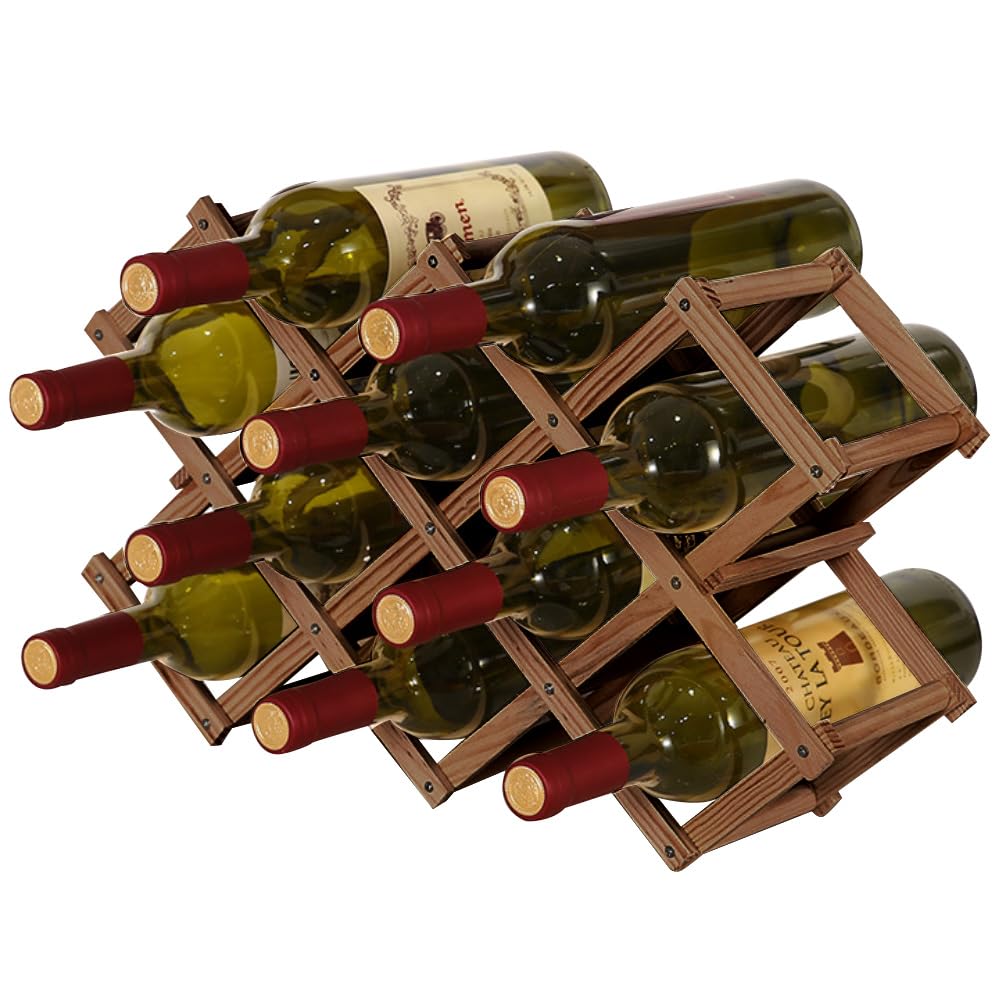 QUCUMER Wooden Wine Rack, Foldable Wine Storage Organizer 10 Slot Foldable Wine Rack Table Free Standing Bottle Racks Foldable Wine Shelves for Home Kitchen Bar Cabinets