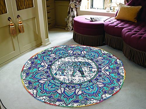 Mandala Décor Boho Tapestry Round Beach Throw Towel Indian Hippie Yoga Mat Picnic Blanket - Pure Cotton 72" Round - Geometric Elephant Print