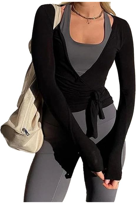 CRAZE Femmes Chemise Plissée à Manches Longues Col En V Profond Solide