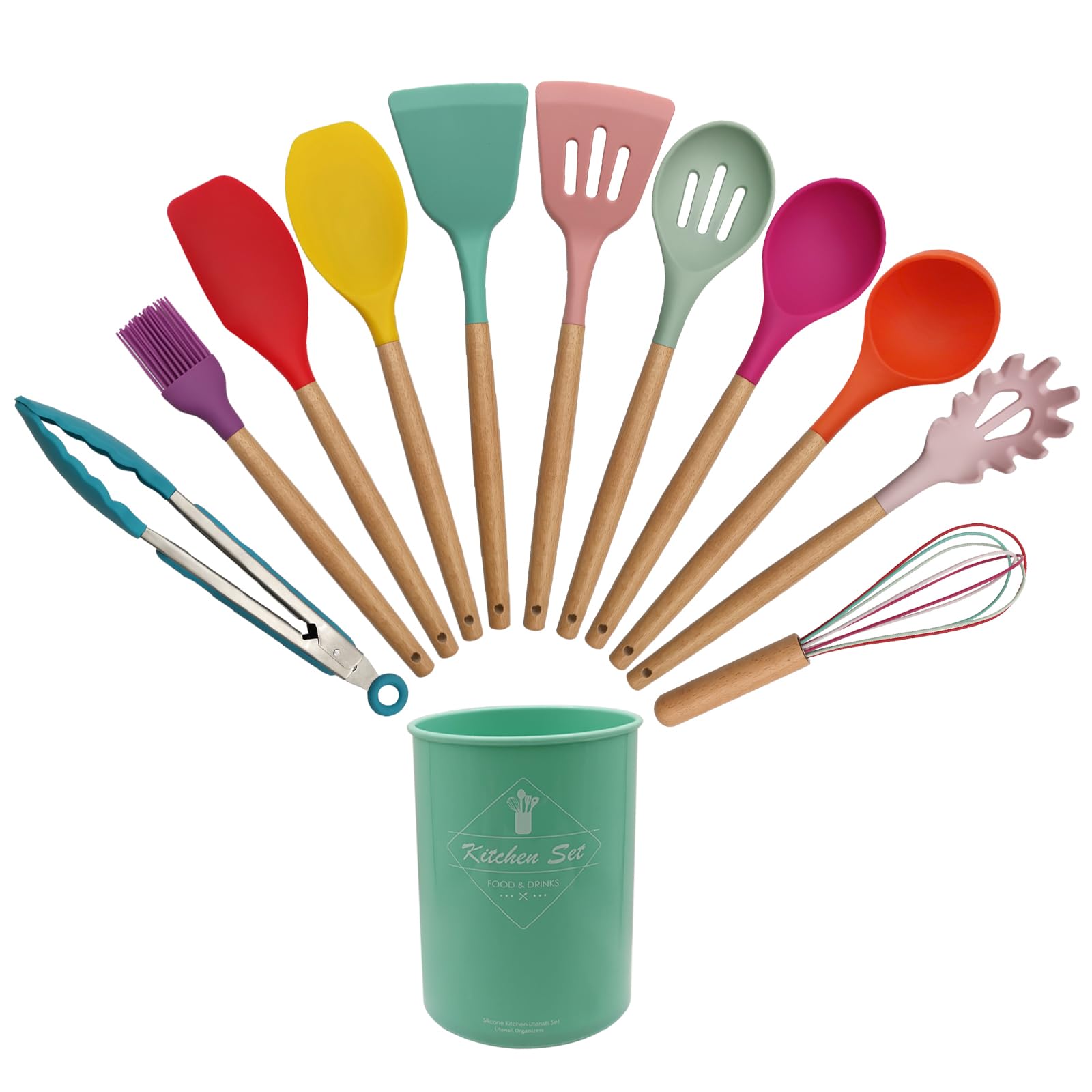 Silicone Kitchen Utensils Set with Wooden Handle, 12-Piece Silicone Cooking Utensils Non-Stick Heat Resistant Cookware, BPA-Free, Stirring Kitchen Tools Set, Spoon, Tongs, Whisk, Brush, Spatula-Color
