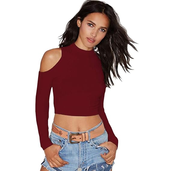 1177 Women's Sexy Casual Cold Shoulder Full Sleeve Top Short T-Shirt Readymade Saree Blouse Crop Top for Women