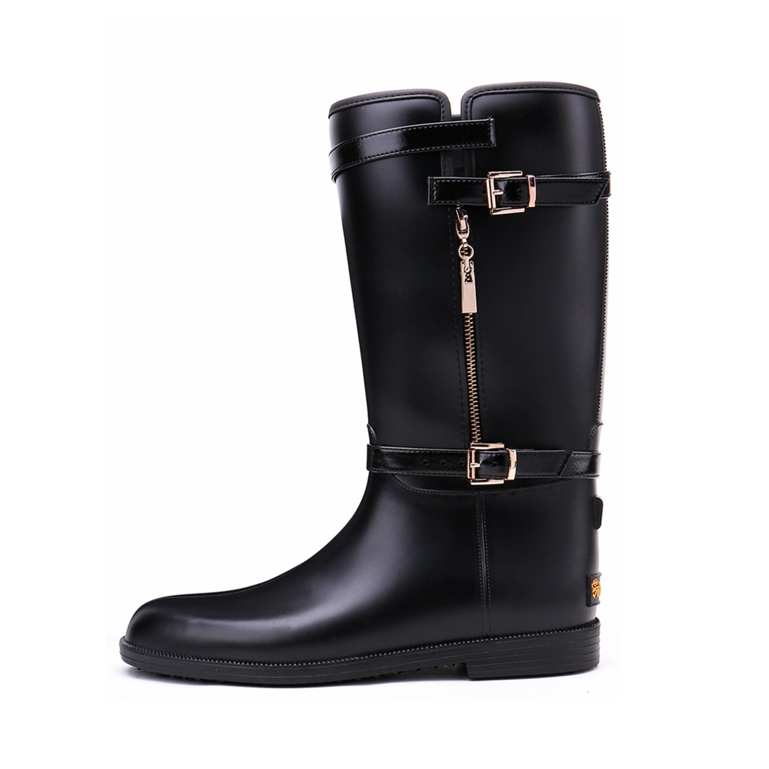 brooklyn walk women's mid-calf gumboots buckle and zipper waterproof black rain boots