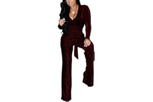 LightlyKiss Women Casual Sexy V Neck Sparkly Jumpsuits Long Sleeve Onesie Loose Pants Party Clubwear with Belt