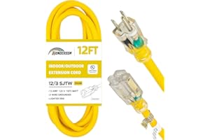 HONDERSON Indoor Outdoor Extension Cord Weatherproof with Lighted End, UL Listed, 12 Gauge 12FT Yellow 3 Prong Heavy Duty, 12/3 SJTW 15A Power Cord for Outdoor Lights, Lawn