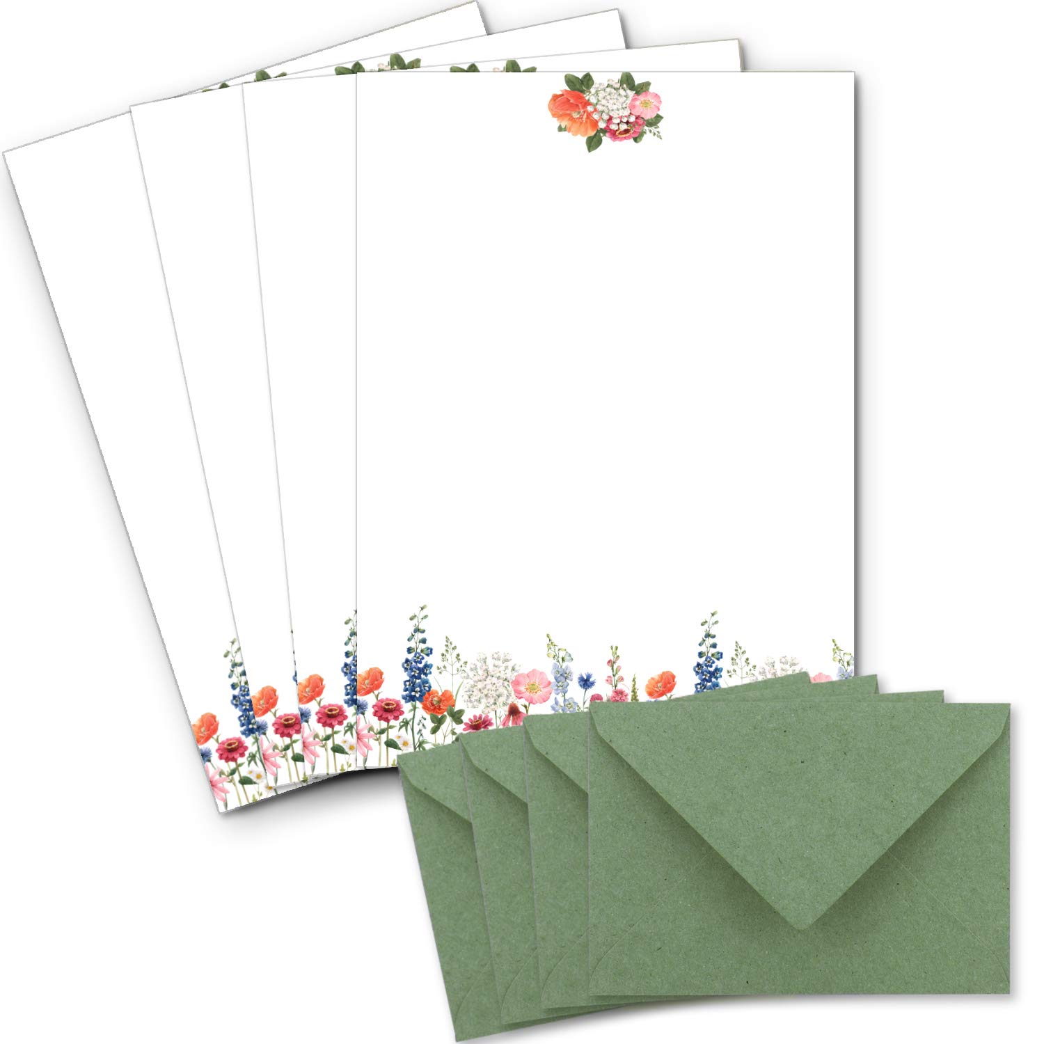 25 Letter Paper Sets DIN A4 – Colourful Flower Meadow Motif on Natural Paper – with Envelopes DIN C6 in Kraft Paper Green Letter Paper – Printable – Ideal for Wedding Invitations