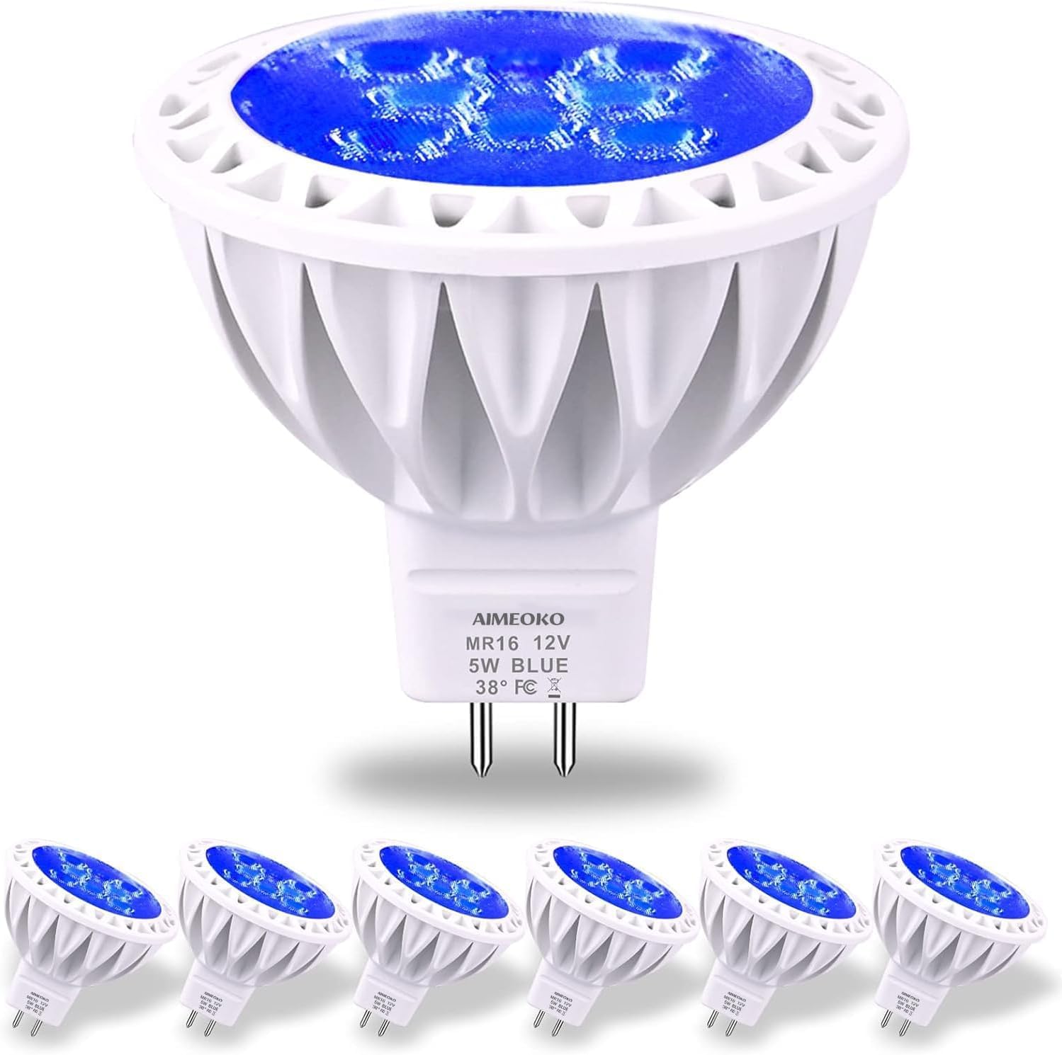 Photo 1 of AIMEOKO MR16 LED Bulb Light Bulbs 6 Pack, 5W (50W Halogen Equivalent) GU5.3 Base 12V Spotlight 38 Deg for Landscape Yard Garden Tree Holidays Festivals Indoor Outdoor (Blue)