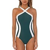 CUPSHE Women's One Piece Swimsuit Cross Front High Neck Bathing Suit Adjustable Straps Color Block Swimwear