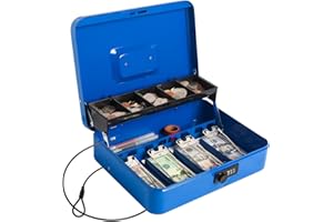 LOVNDI Cash Box with Combination Lock, Money Safe for Cash, Lock Box with Security Cable 11.8 x 9.5 x 3.54 Inches, Blue