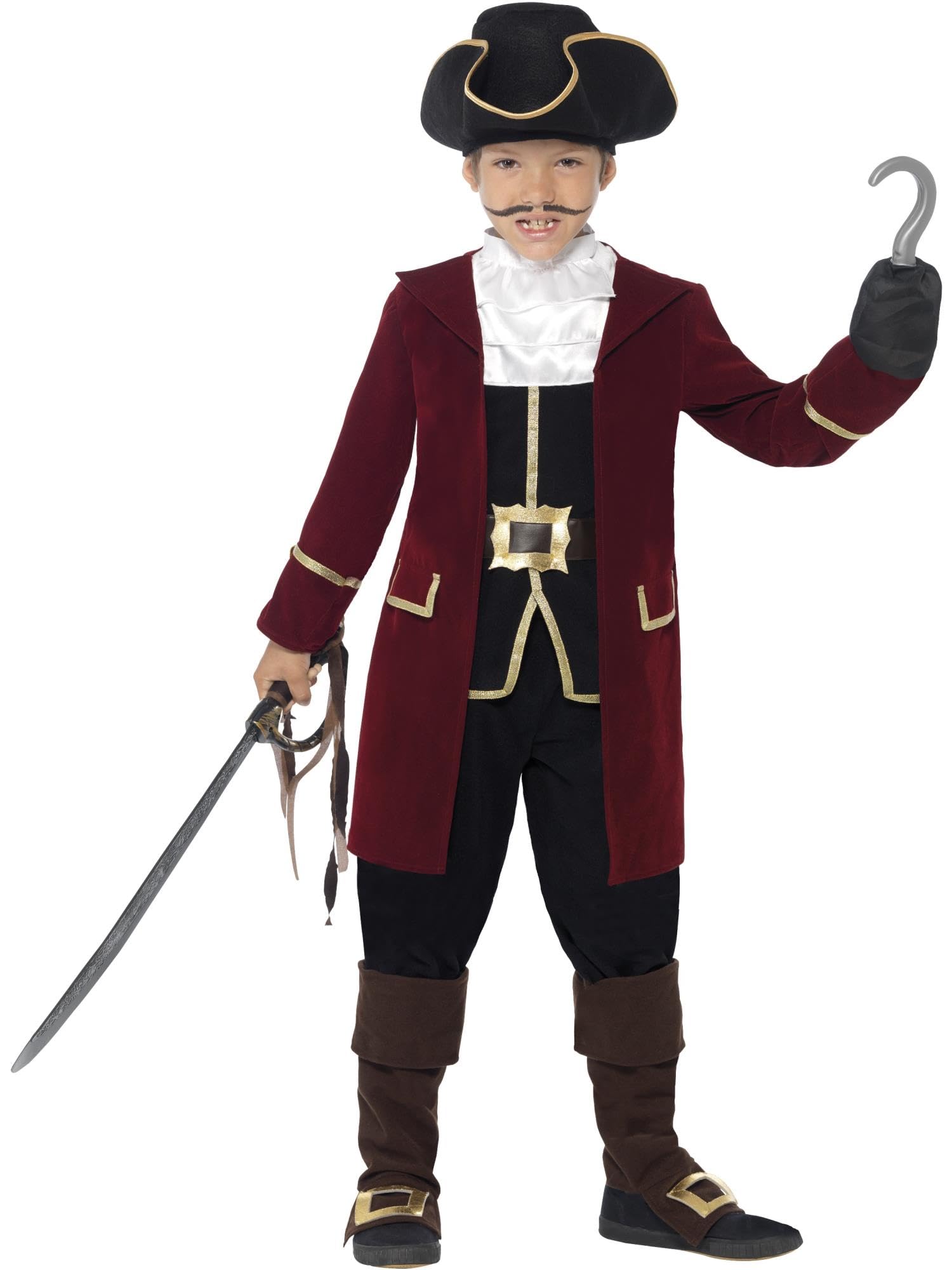 Smiffys Deluxe Pirate Captain Costume, Black Jacket, Mock Waistcoat, Trousers, Neck Scarf & Hat, Fancy Dress, Pirate Dress Up Costumes