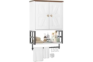 FUNHUKSON Farmhouse Medicine Cabinet - 3-Tier Wall Mounted Storage Organizer with Adjustable Shelves, Towel Bar, 5 Hooksfor Small Bathroom, Laundry Room, Over Toilet, Living Room, Bedroom (White)