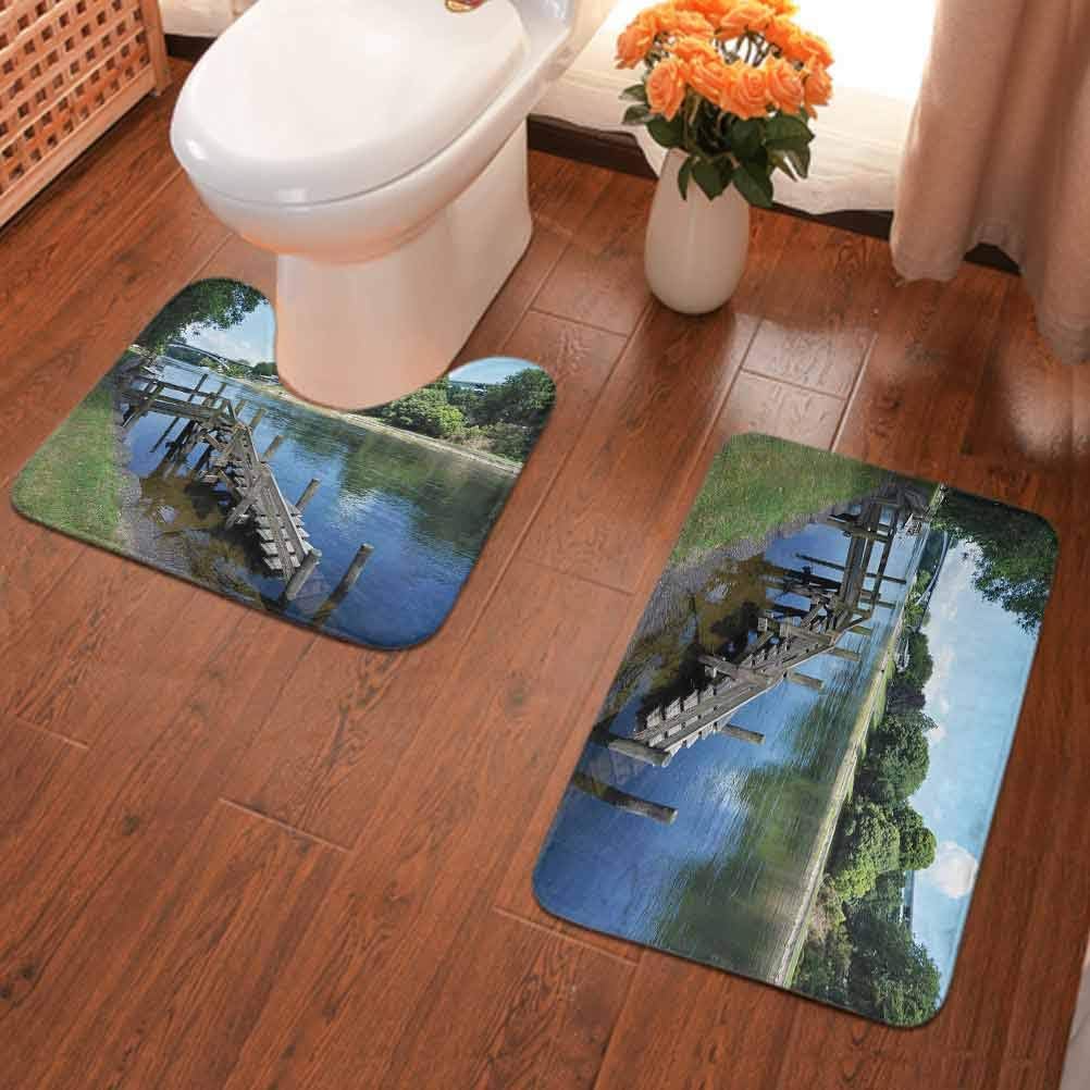 Outdoor Non Slip Bathroom Rug Set, Waikato River Hamilton City New Zealand Holiday Destination Travel Landmark, Bathroom Decor Rug, Green Blue Grey