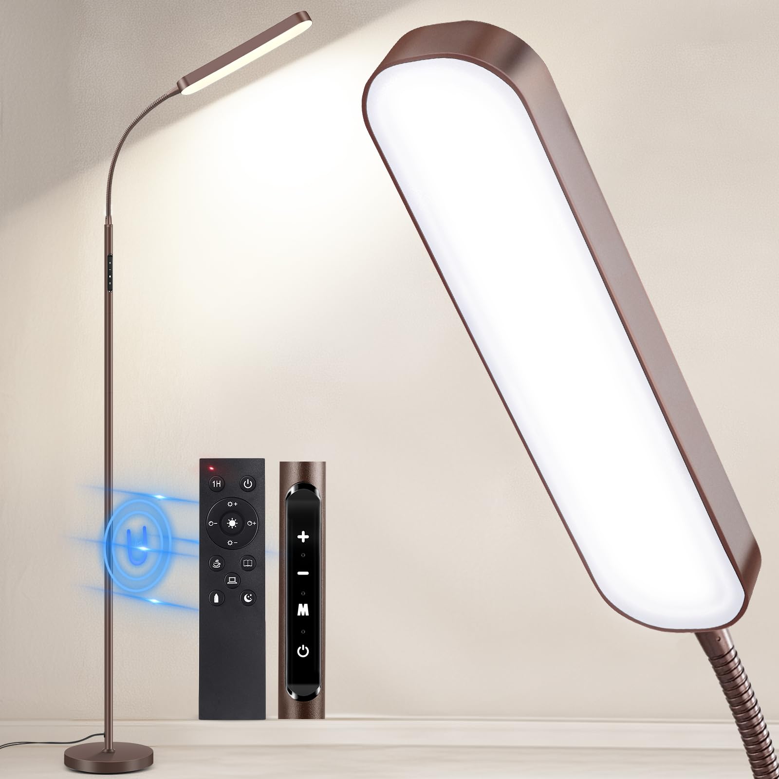 OUTON LED Floor Lamp 15W 1500LM, Adjustable Gooseneck LED Modern Lamp with 4 Color Temperature and Stepless Dimmer, Remote and Touch Control for Reading Living Room Bedroom (Bronze)