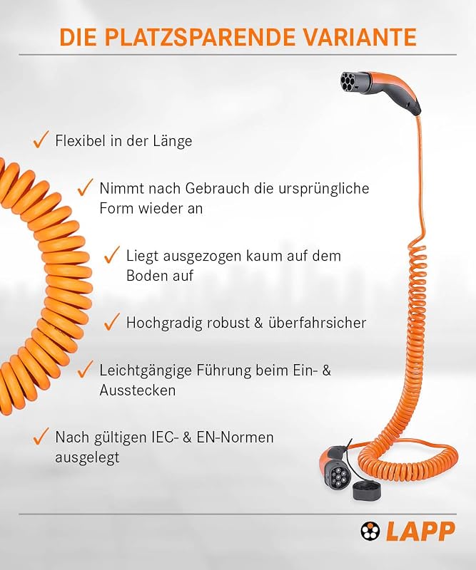 Mobility Typ 2 Ladekabel 11 KW/Spiralkabel / 20 A / 3-Phasig/E-Auto Ladekabel/Mode 3 / 5m