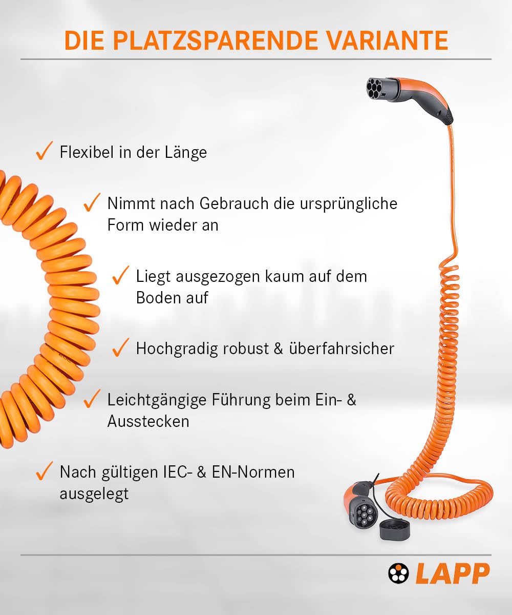 Lapp Mobility Typ 2 Ladekabel 11 KW/Spiralkabel / 20 A / 3-Phasig/E-Auto Ladekabel/Mode 3 / 5m 4