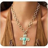 FUTIMELY Gold Chunky Turquoise Cross Necklace,Boho Statement Cross Pendant Thick Necklace for Women,Vintage Trendy Western Country Jewelry Accessories