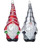 Set of 2 Hanging Glass Gnome Christmas Ornaments, Hand Blown Glass Gnome Ornaments for Christmas Tree Decorations