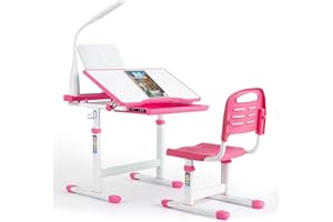 MAMIZO Kids Desk and Chair Set, Children School Study Desk Set with 40 Degree Tilt-able Desktop, Multi-Func Height Adjustable Table and Chair w/LED Light, Pull Out Drawer, Book Stand, Hook (Pink)