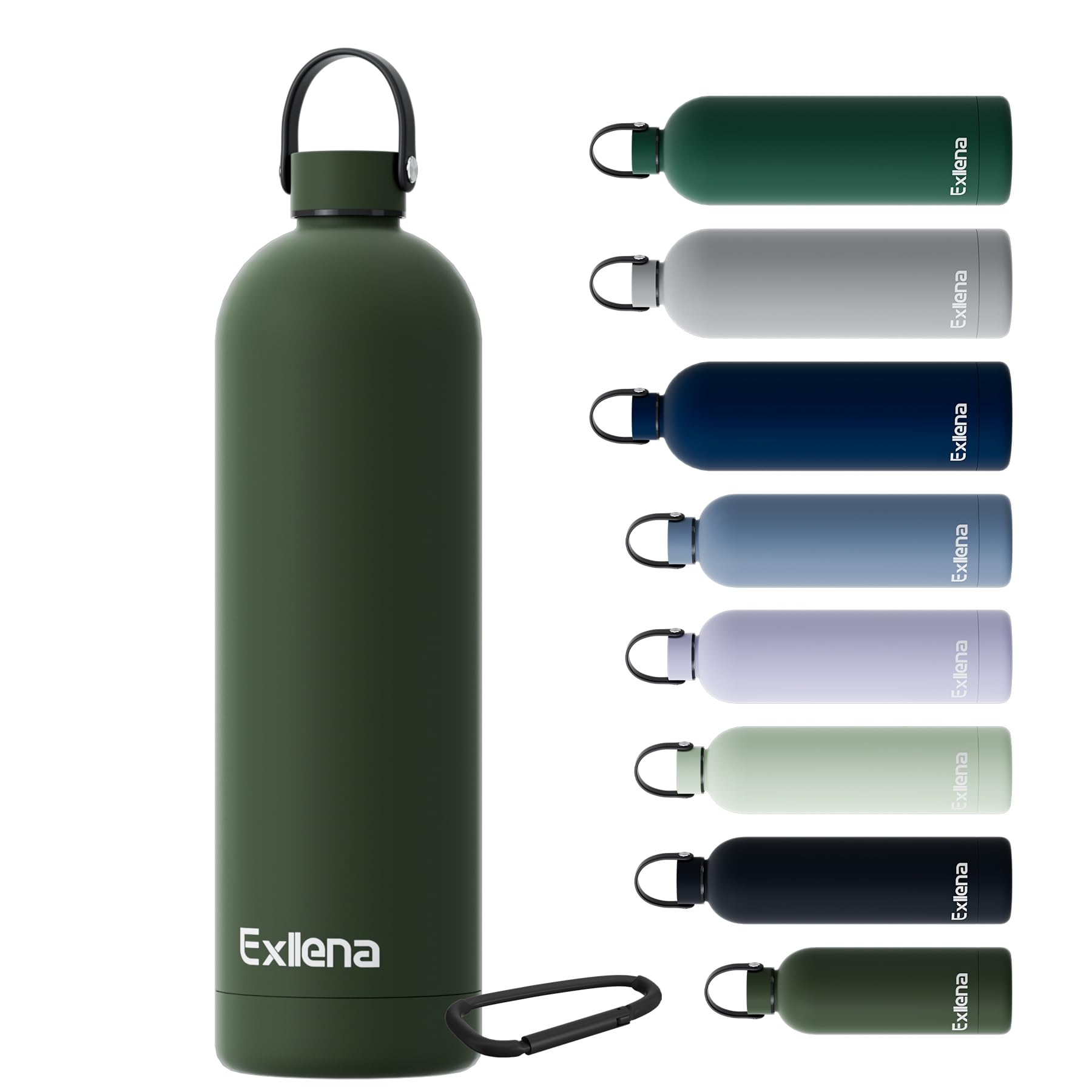 Exllena Insulated Water Bottles 1.5l with Handle Lid and Carabiner, Double Wall Vacuum Drinks Bottle Keeps Drinks Cold 24 Hrs/Hot 12 Hrs, Stainless Steel Water Bottle BPA Free(Pine Green)