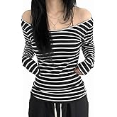 EMMIOL Off The Shoulder Tops for Women Striped Long Sleeve Shirts Going Out Top Y2k Fall Clothes