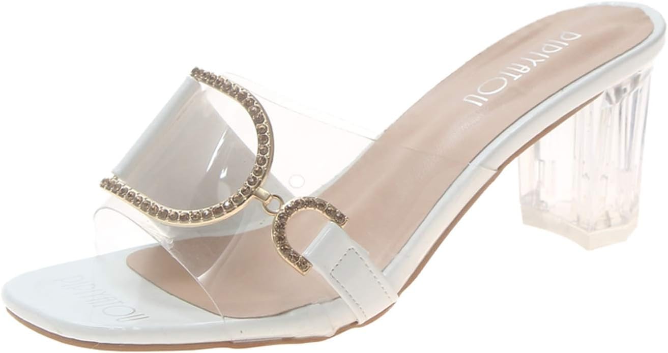 monicaexclusive Transparent Slippers Female Mules Slides Summer Metal Buckle Peep Toe Square Low Heels Ladies Woman