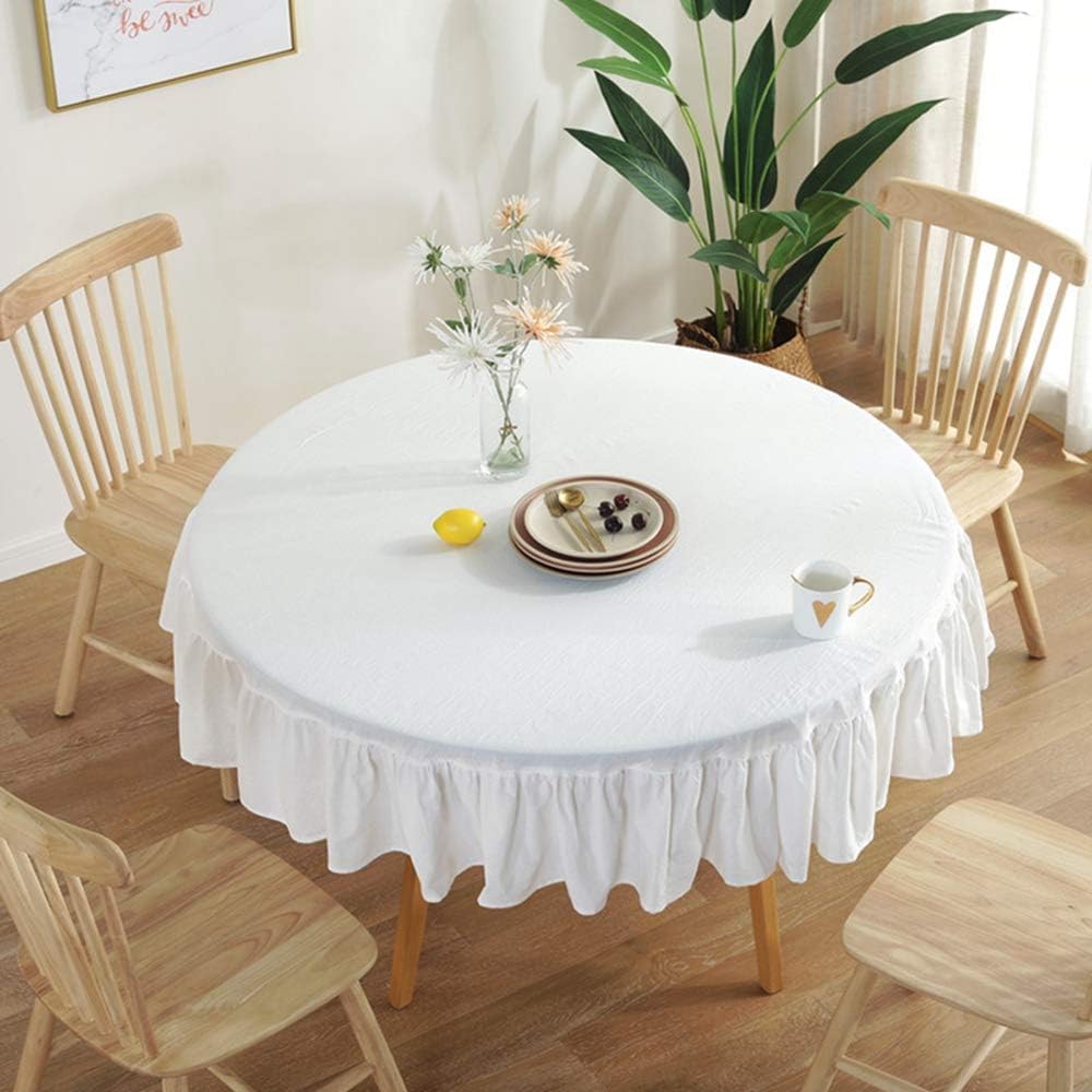Amazon Com Lahome Rustic Flounces Tablecloth Cotton Linen Washable Vintage Ruffle Trim Table Cover For Boho Wedding Banquet Tabletop Bridal Baby Shower Birthday Party Decor White Round 60 Kitchen Dining