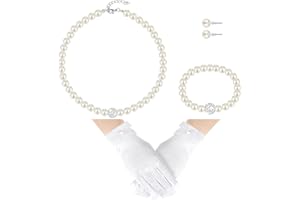 Geyoga 4 Pcs Pearl Necklace Set for Little Girls Toddler Girls Tea Party Jewelry White Pearl Earrings Bracelet Sets First Communion Gloves Kit for Kids Age 4-12 Years