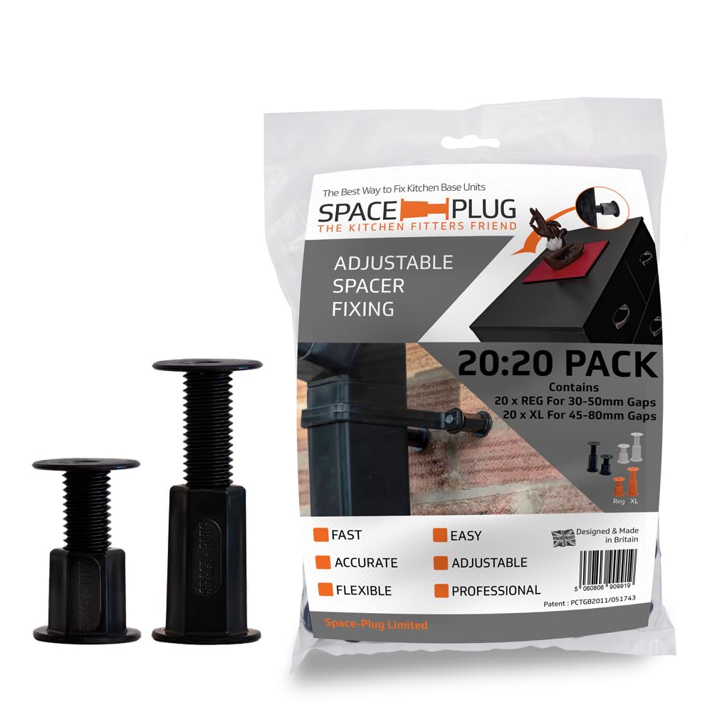 Space-Plug Adjustable Spacer Fixings, 40 Pack of Black Spacers, (20 Regular size for 30-50mm gaps, 20 XL size for 45-80mm gaps), Professional & DIY use for kitchen, bedroom & bathroom installations