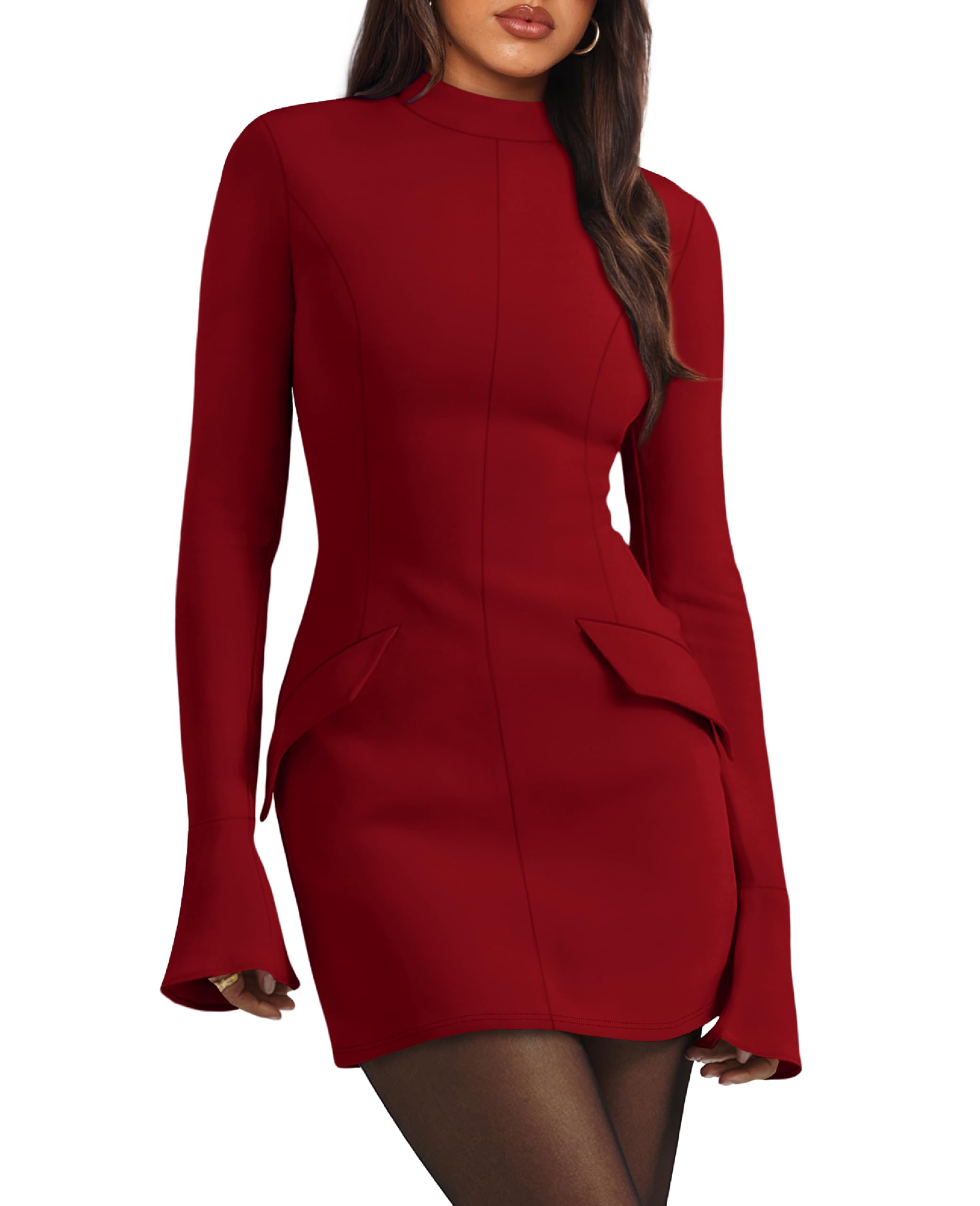 Photo 1 of **USED**OFEEFAN Long Sleeve Bodycon Mini Dress Fall Winter Club Dress Red XL
