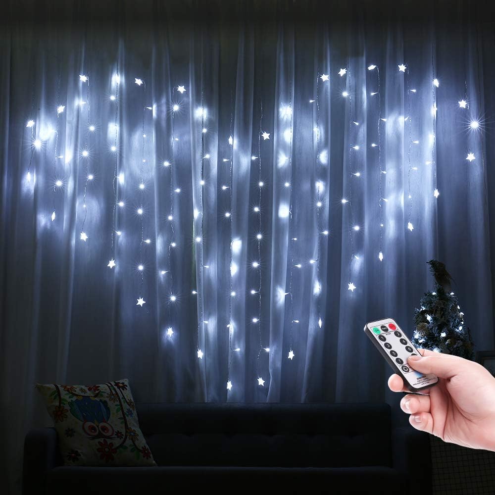 Qedertek Star Curtain Fairy Lights, 2m x 1.5m, 124 LED Plug in Fairy String Lights, Waterproof 8 Modes with Windows Lights for Indoor Outdoor, Party, Wedding, Garden, Bedroom, Gazebo (White)