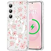 QLTYPRI for Samsung Galaxy A36 5G Case, Compatible with Magsafe, Aesthetic Cute Floral Flower Phone Case, Clear Anti -Yellowing Shockproof Magnetic Phone Cover for Women Girls - Pink