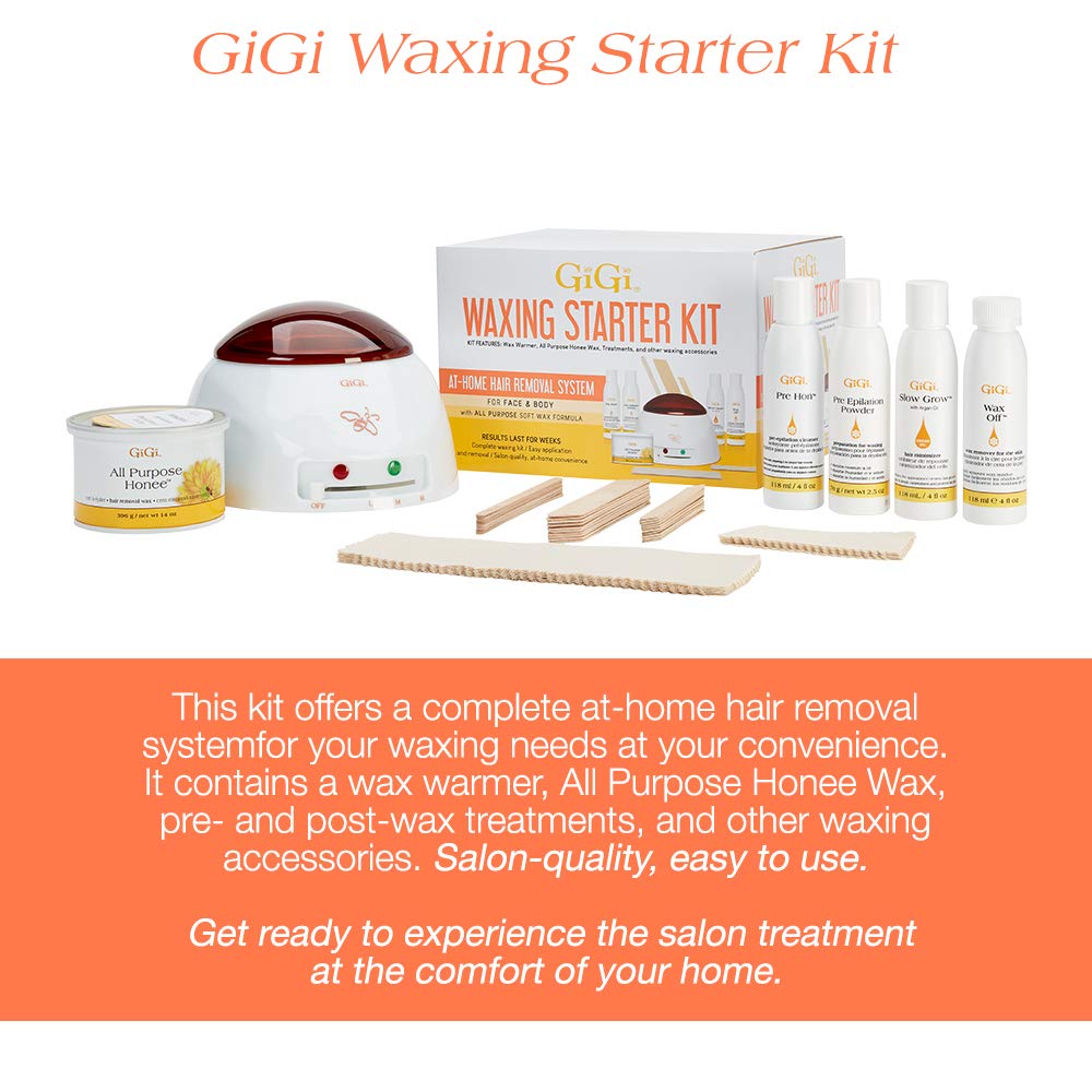 GIGI Waxing Starter Kit - At-Home Hair Removal Kit for Face & Body, Soft Wax Warmer, Pre & Post Waxing Care