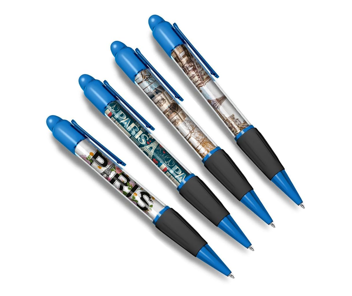 DV DESIGN Set of 4 Paris Blue Ballpoint Pens - French France Travel Holiday Eiffel Tower Friends Boys Girls Men Women Theme Pen Black Ink #79340
