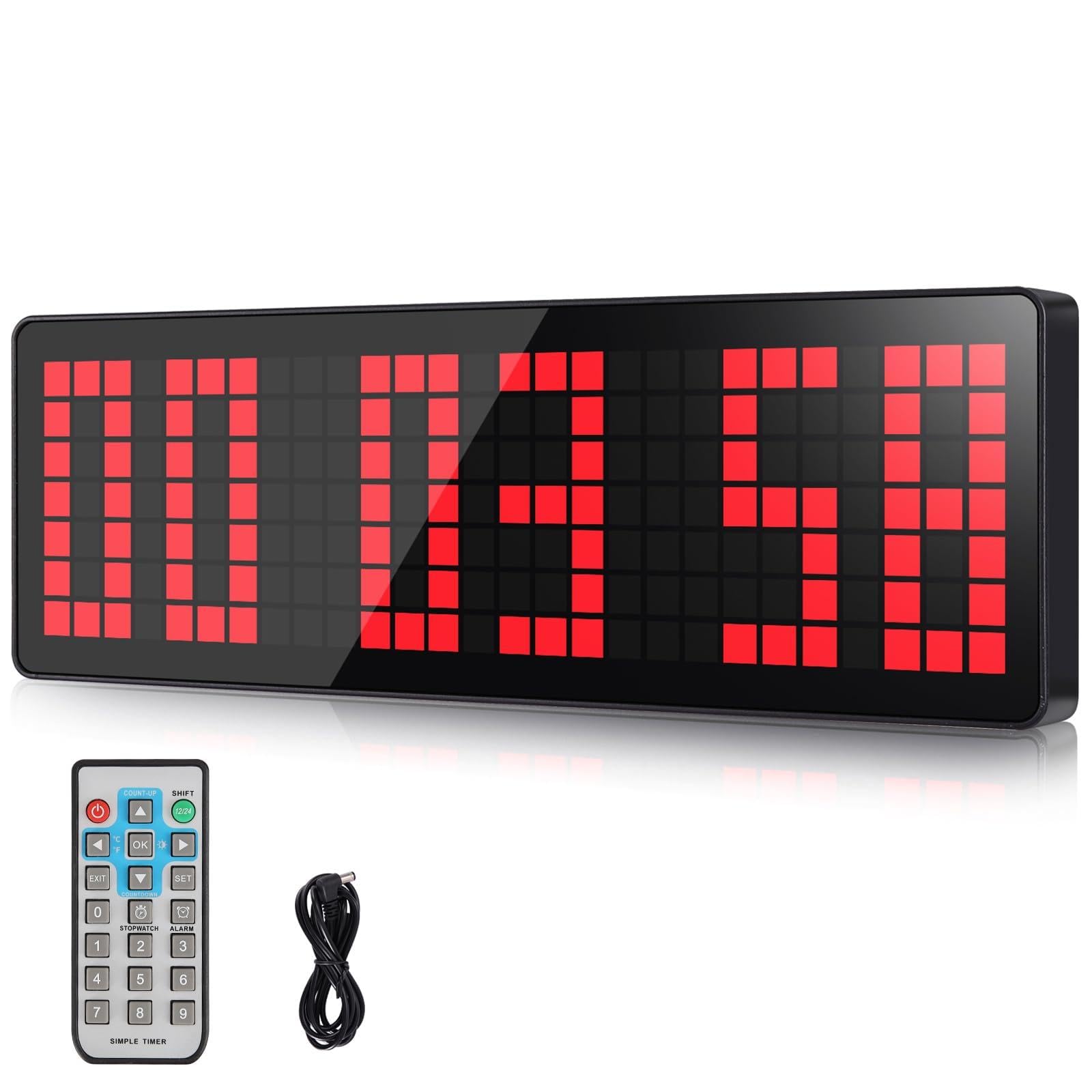 AnExer 13.2'' Gym Timer, Gym Clock, Large LED Digital Wall Clock, 12/24H Modes, Interval Timer Clocks With Stopwatch, Training Timer With Remote Control For Home Garage (Plug In Electricity)