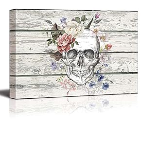 Skull Skeleton with Flowers on Vintage Wood Background Rustic
