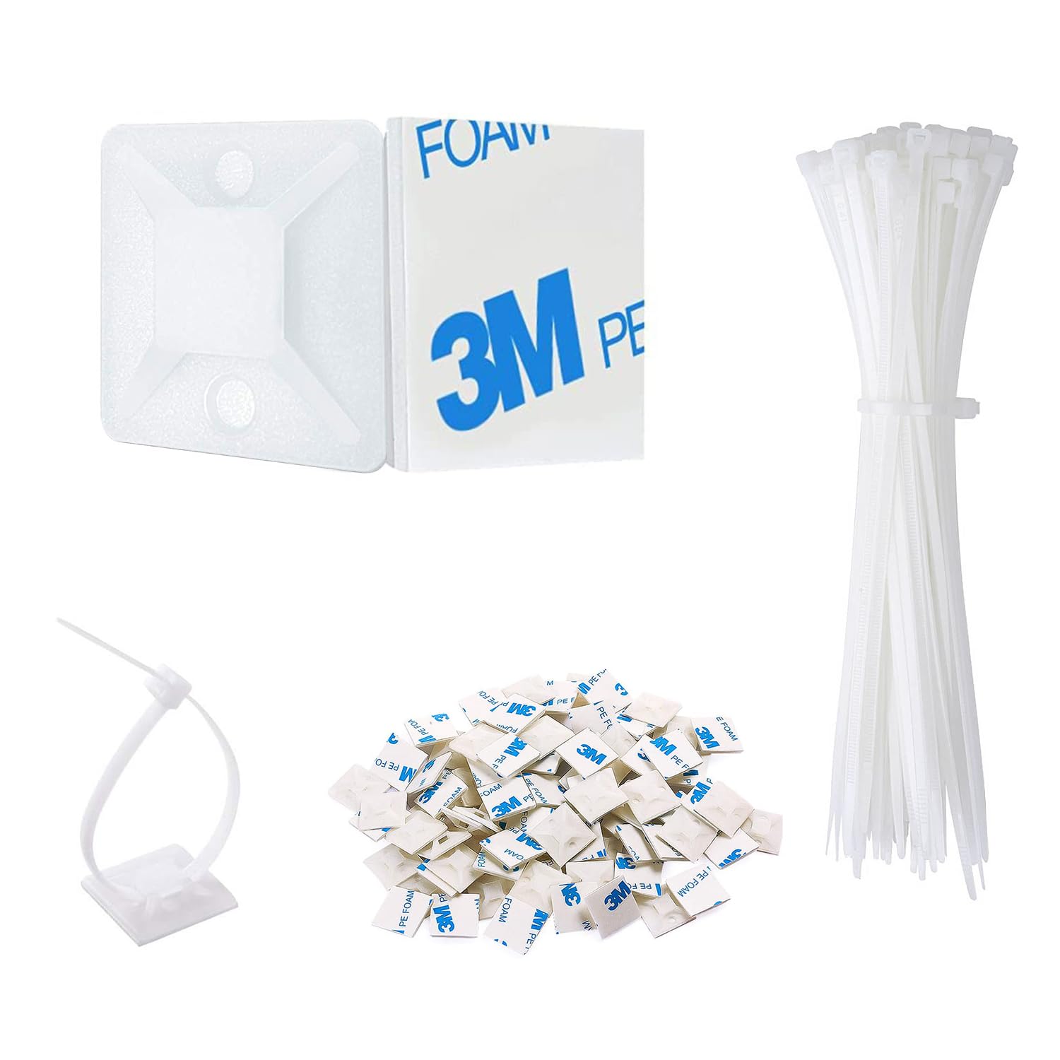 Photo 1 of Strong Back-Glue Self Adhesive Cable Zip Tie Mounts Kit - 100 Set Cable Management Clips with 6" Zip Ties, Wire Holders - Outdoor Sticky Wire Organizer Clips - White