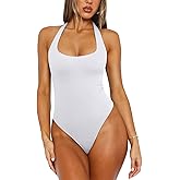 REORIA Women's Sexy Deep Scoop Neck Halter Bodysuit Double Lined Sleeveless Backless Top Vacation Outfits