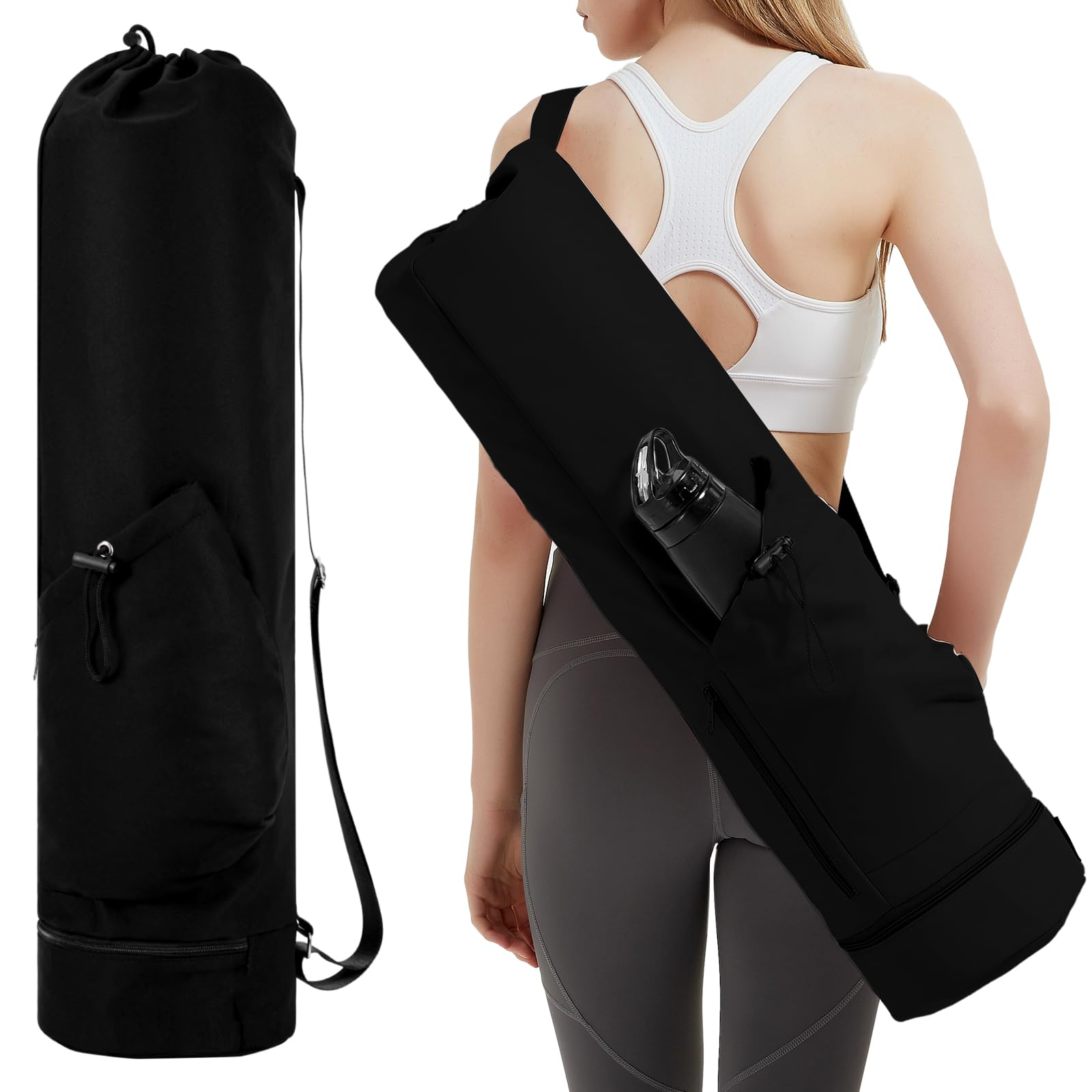 sportsnew Yoga Mat Bag Large with Adjustable Carry Strap Pilates Bag with Bottle Pocket and Wet Compartment, Black (Patent Pending)