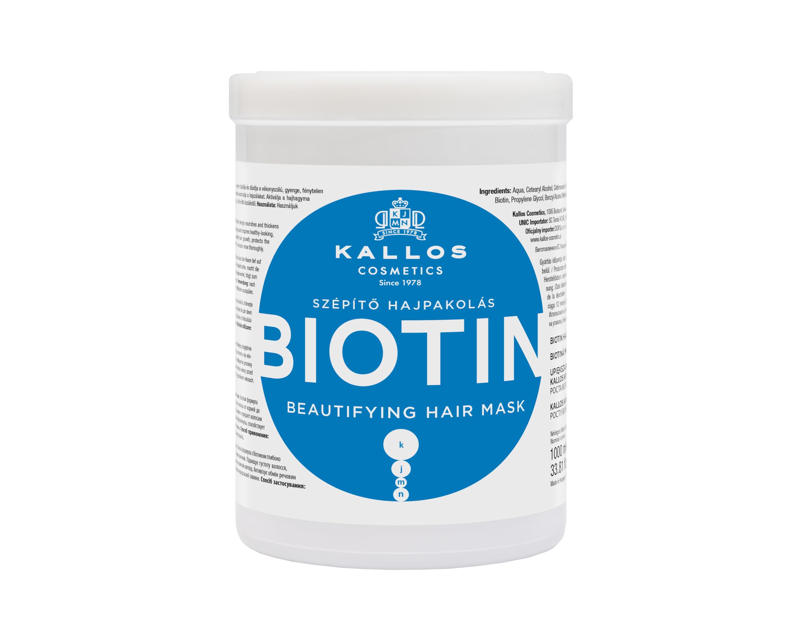 Kallos Cosmetics KJMN Biotin Beautifying Hair Mask for Thin and Fragile Hair, Helps Reduce Breakage, Strengthen Strands, Activate Follicles and Improve Hair Strength, Thickness and Volume 1L