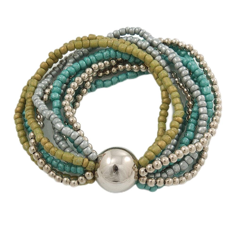 Avalaya Silver/Olive/Green/Grey Multistrand Glass Bead Flex Bracelet With A Silver Mirrored Ball - 19cm L