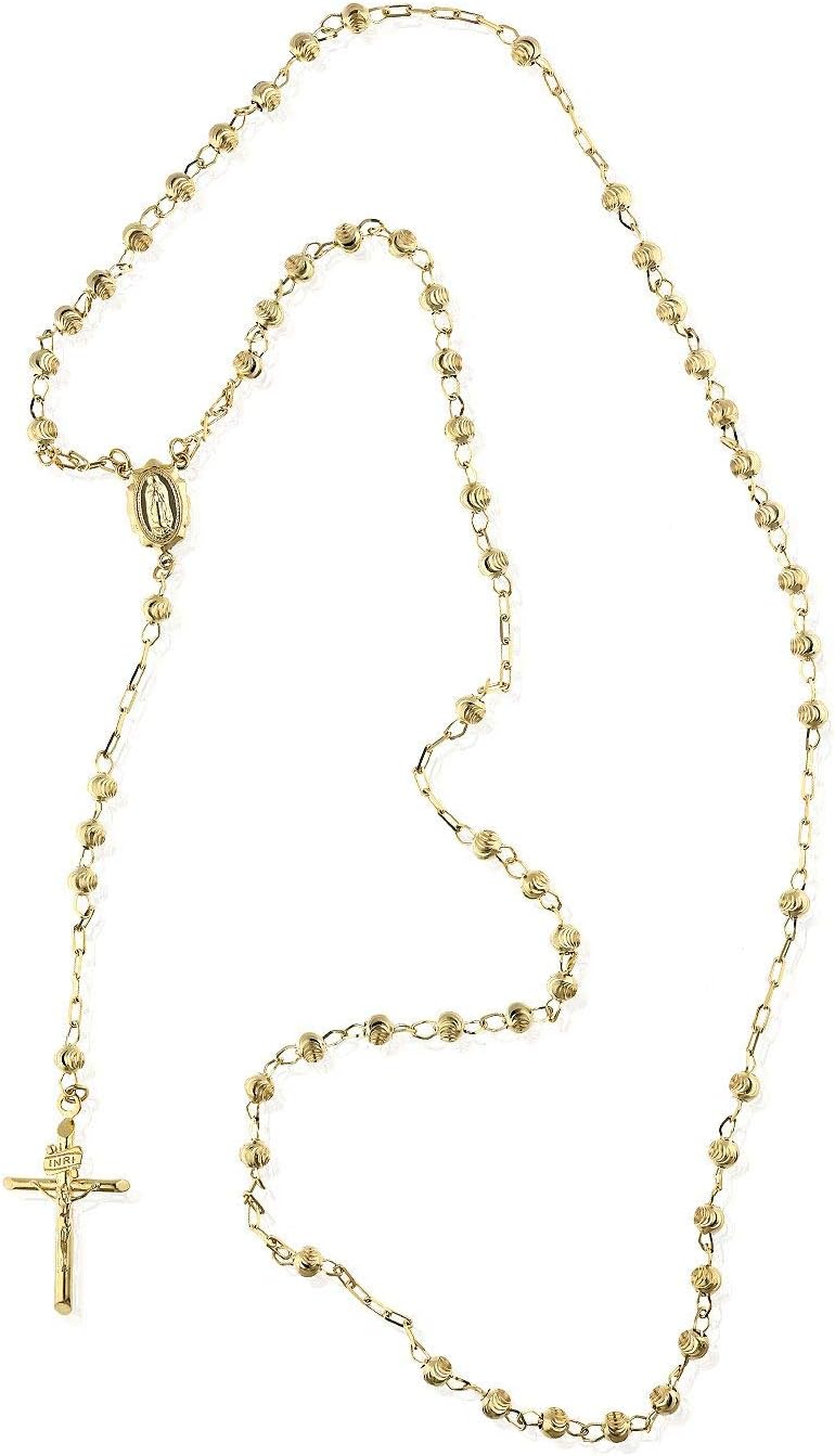 14K Solid Yellow Gold 4mm Moon Cut Beads 26" Religious Rosary Chain Necklace