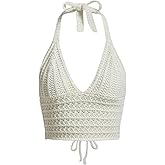 Women Sexy Hollow Out Crochet Crop Halter Tops Y2K Knitted V Neck Sleeveless Backless Lace Up Crop Cami Tank Beachwear