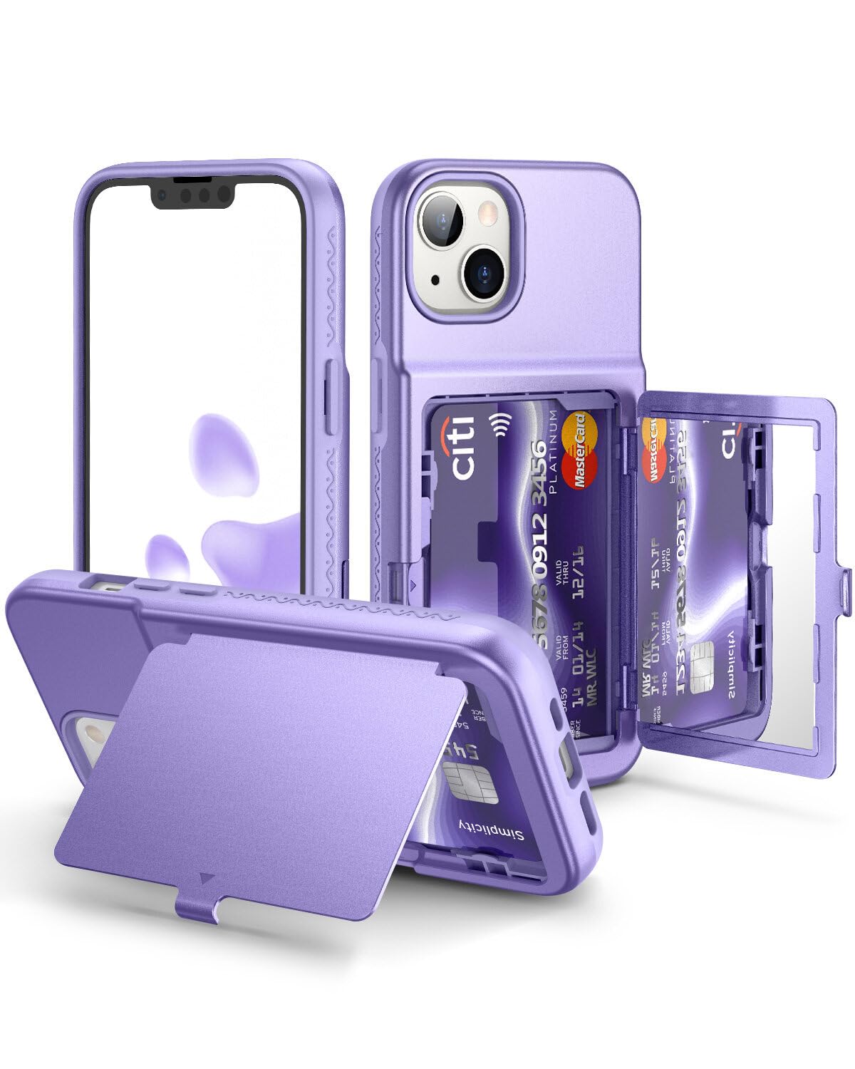 Photo 1 of WeLoveCase for iPhone 13 / iPhone 14 Wallet Case with Credit Card Holder & Hidden Mirror, Two Layer Shockproof Heavy Duty Protection Cover Protective Case for iPhone 13/14 6.1 Inch - Light Purple