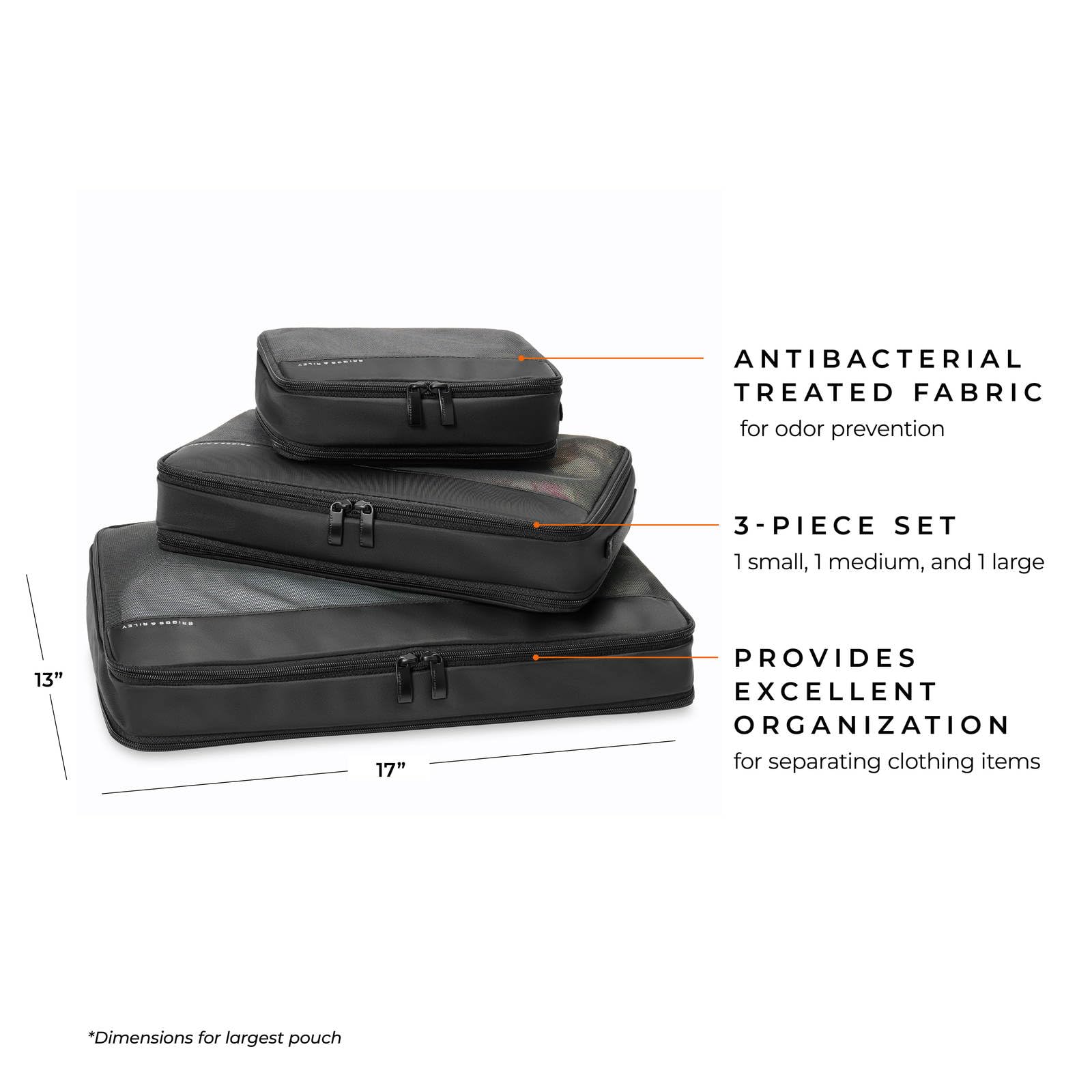 Briggs & Riley Compression Packing Cube Set for Women & Men - Bag Organizer for Checked Suitcase & Luggage, Pack Accessories for Vacation - 3-Piece, Black