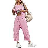 Fisoew Women's Summer 2 Piece Outfits Sleeveless Tank Tops Wide Leg Pocketed Pants Workout Sweat Sets
