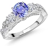Gem Stone King 1.37 Cttw Blue Tanzanite and White Moissanite Engagement Ring For Women | 925 Sterling Silver | Round 6MM and 3MM | Wedding Engagement Anniversary Promise Ring For Women